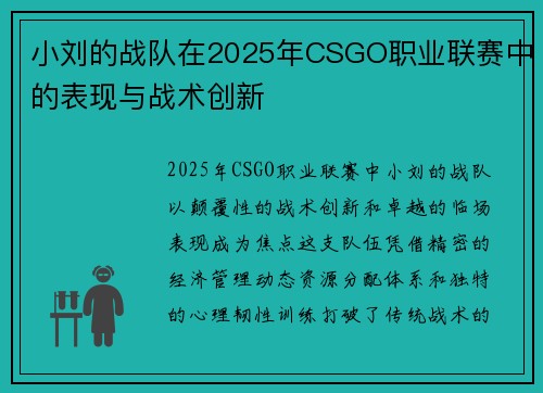 小刘的战队在2025年CSGO职业联赛中的表现与战术创新
