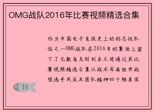OMG战队2016年比赛视频精选合集